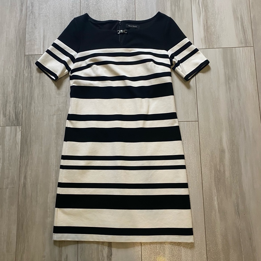 White House Black Market Black & Cream Striped Short Sleeve Career Dress, size 4